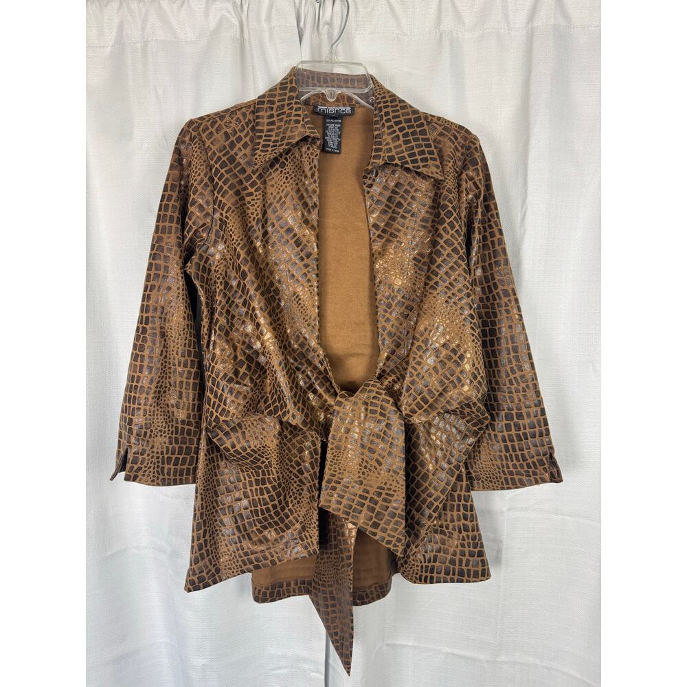 Mishca Faux‎ Leather Snake Print Jacket M Brown Croc Tie Front